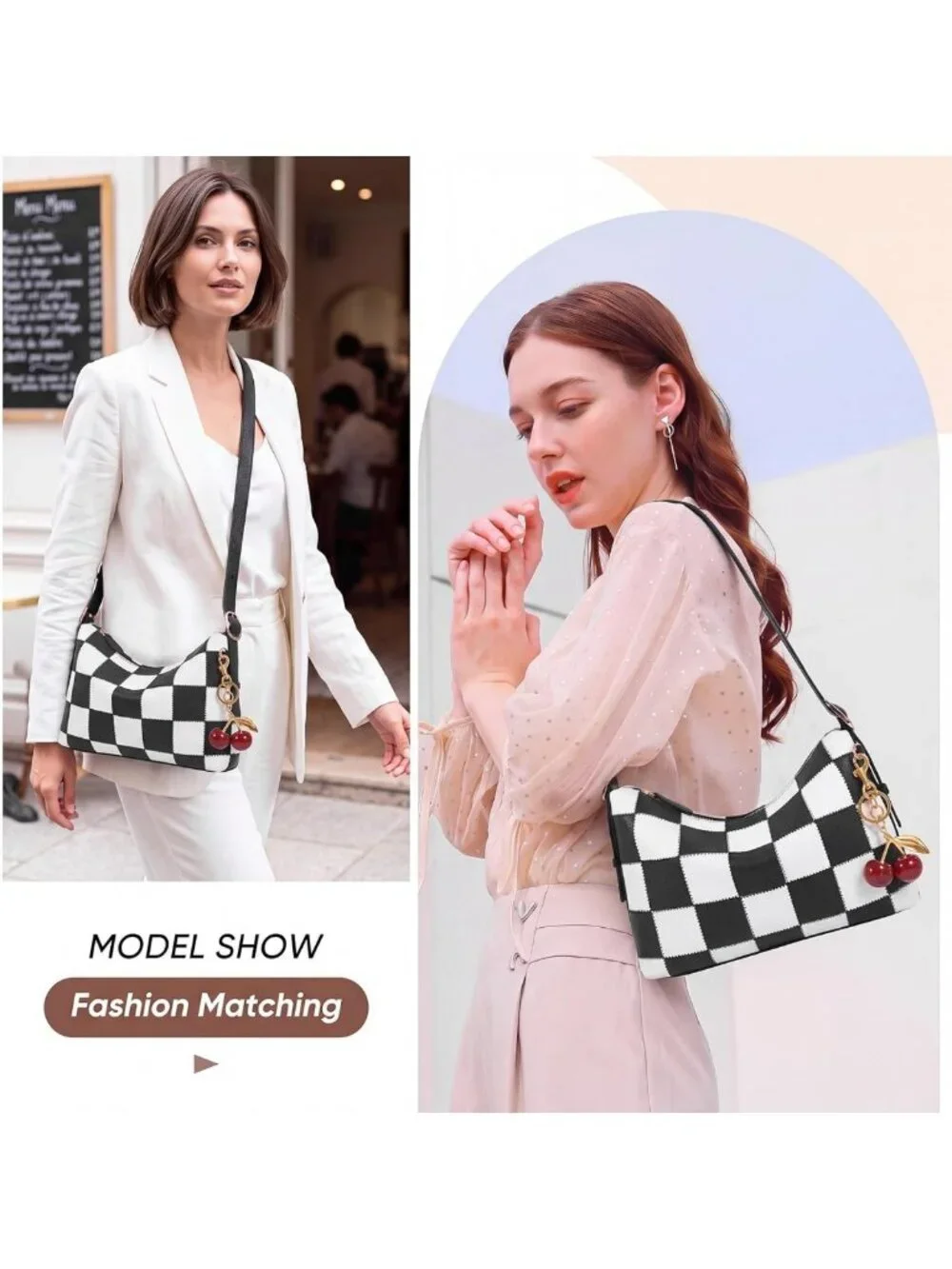 Cute Checkered Vegan Leather Hobo Bag for Women - Cherry Shoulder Purse